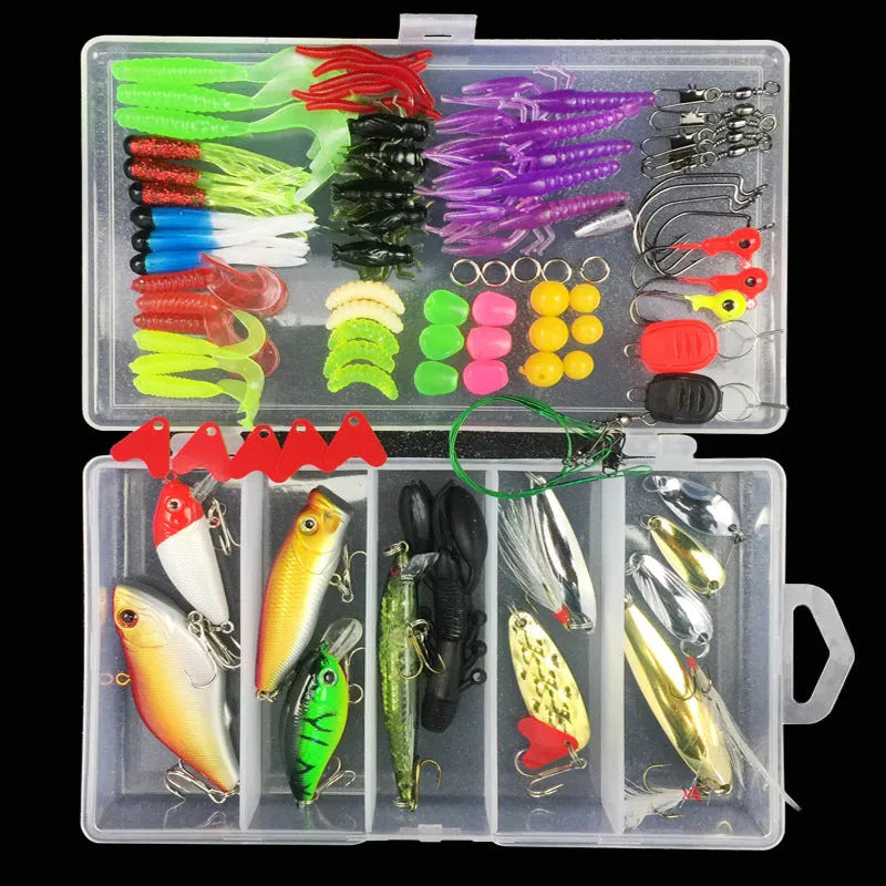 Fishing lure suit with PP plastic box containing multiple artificial baits in compartmentalised storage