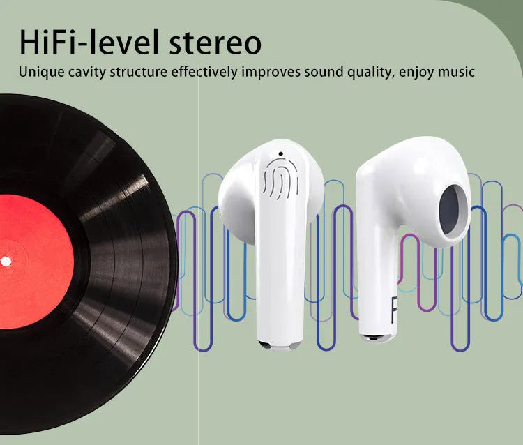 White wireless Bluetooth semi in-ear earphones with charging case on a solid background.