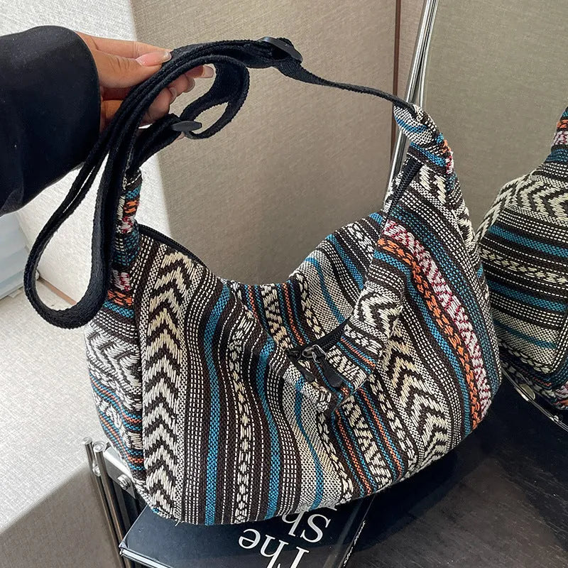Women's ethnic style canvas crossbody dumpling bag with sewing thread details