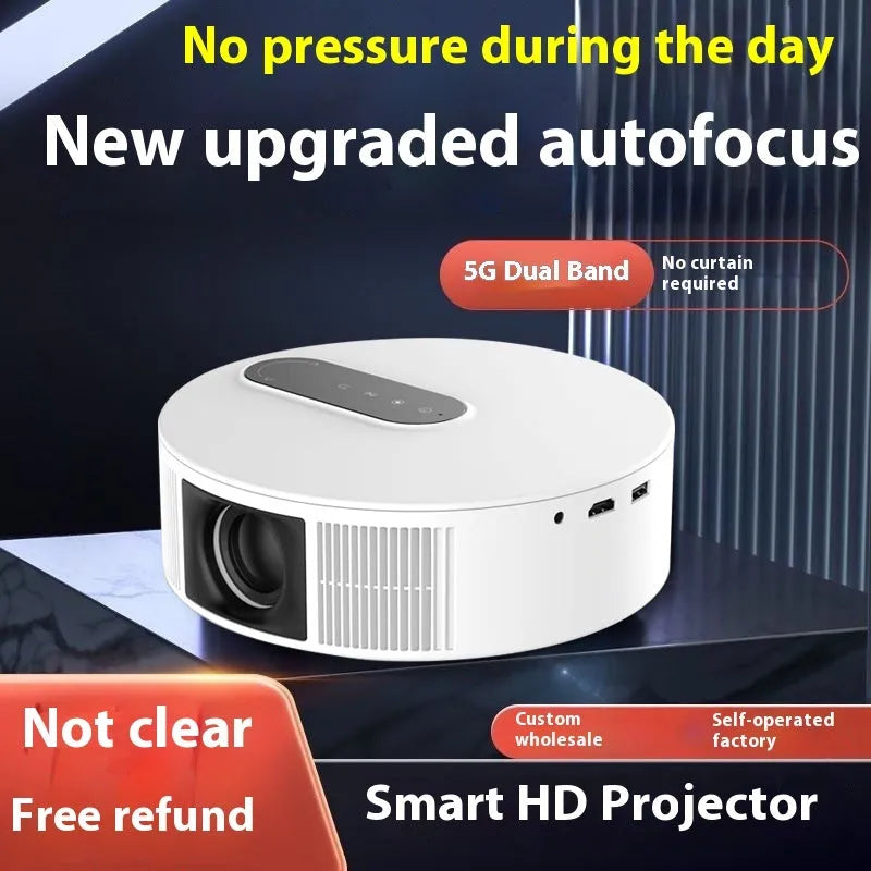 White HD projector with remote control on stand, showing 720p resolution display for home cinema use