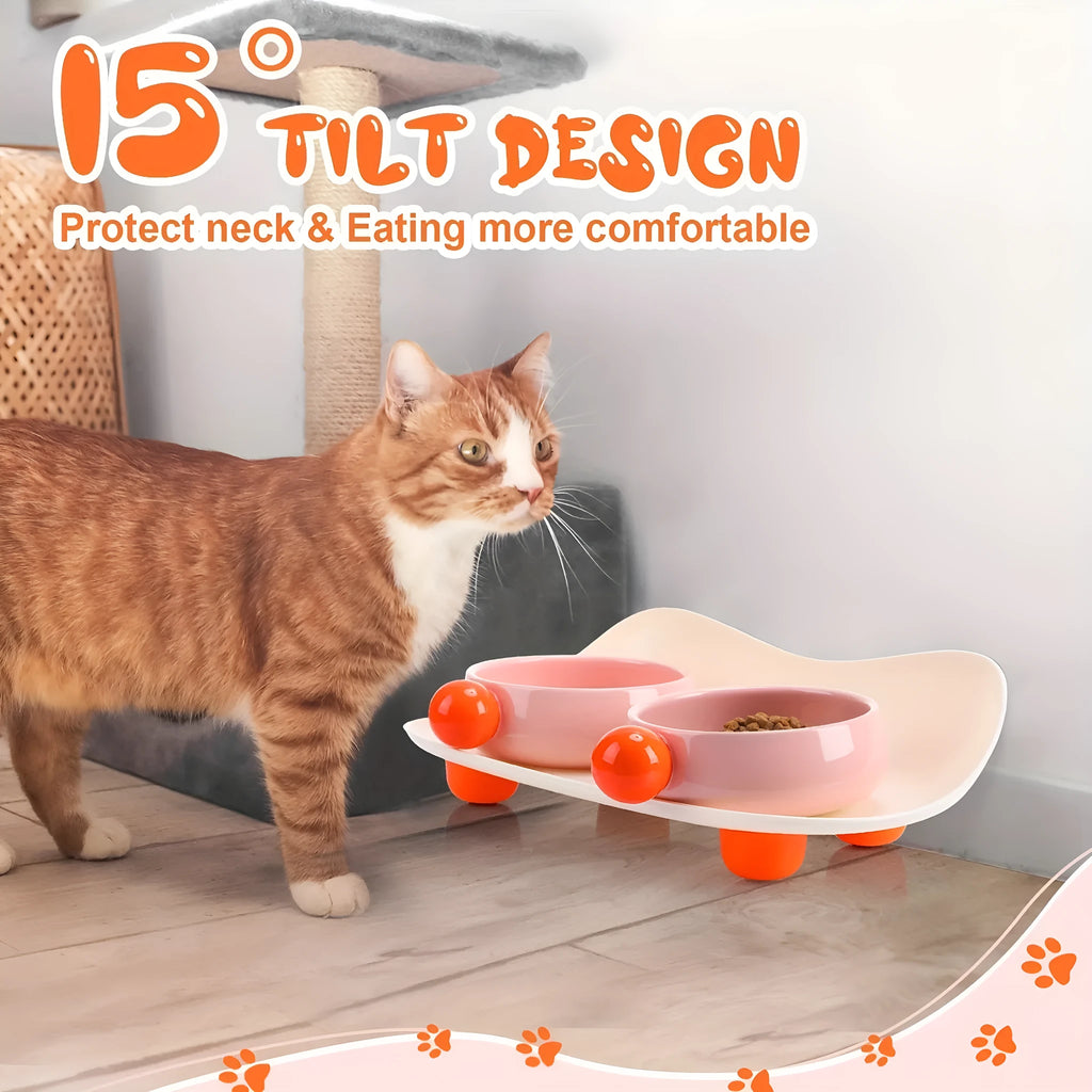 Ceramic raised pet bowl set with two bowls on non-slip base for cat food and water