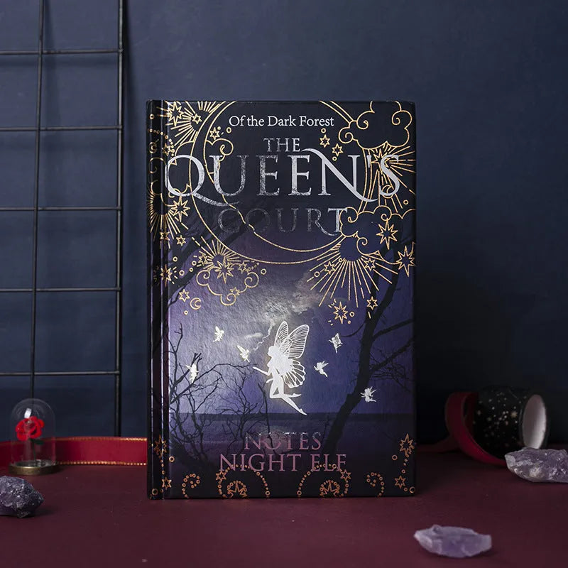 Blue luminous hardcover A5 notebook open to show night elves illustration on 100 GSM paper
