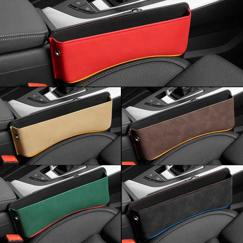 Leather car seat storage organiser box shown in a beige suede colour finish.