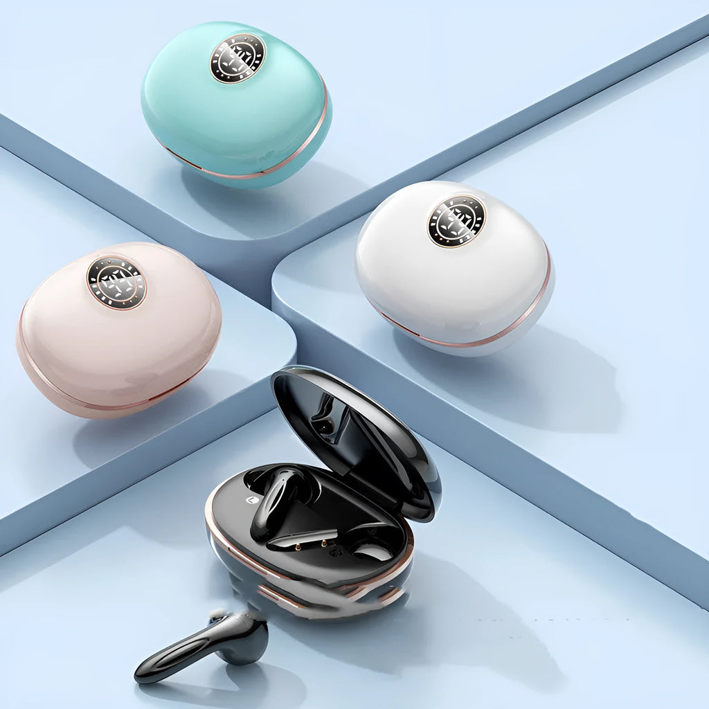 Wireless Bluetooth headset half in-ear with 300mAh electric cabin, shown in Black, Blue, Rose Gold, Silver, Skin or White