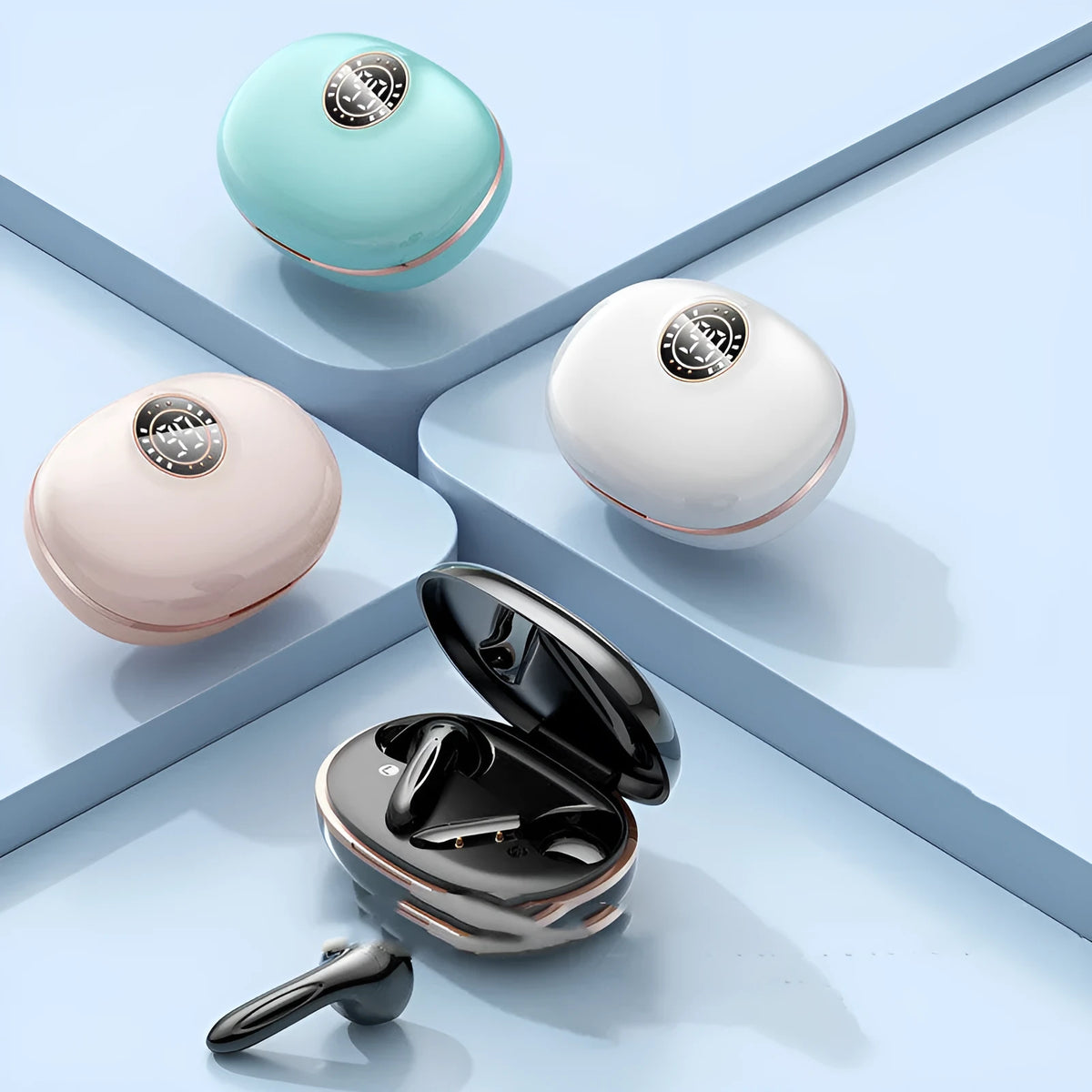Wireless Bluetooth headset half in-ear with 300mAh electric cabin, shown in Black, Blue, Rose Gold, Silver, Skin or White