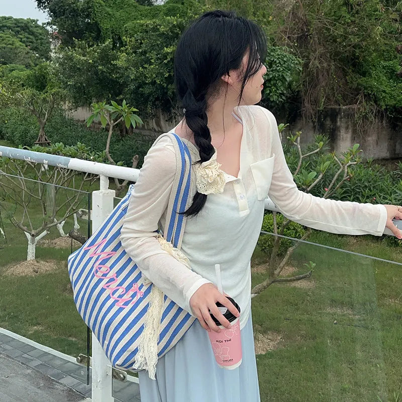 Blue striped letters printed cotton canvas bag in pink blue and white stripes for daily matching