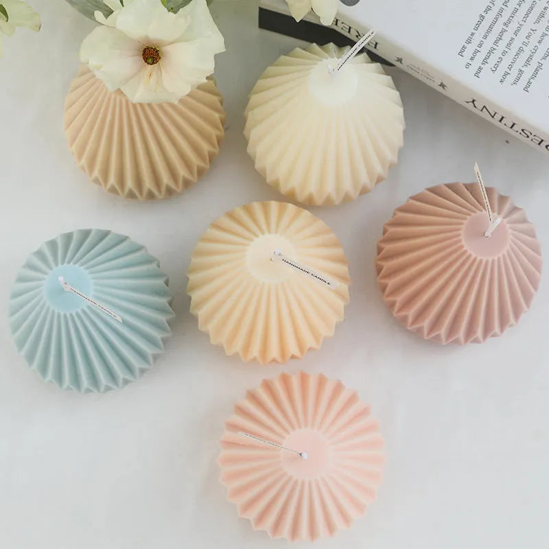 Handcrafted cylindrical soy wax scented candle with Nordic geometric lines and pear pattern in multiple colours
