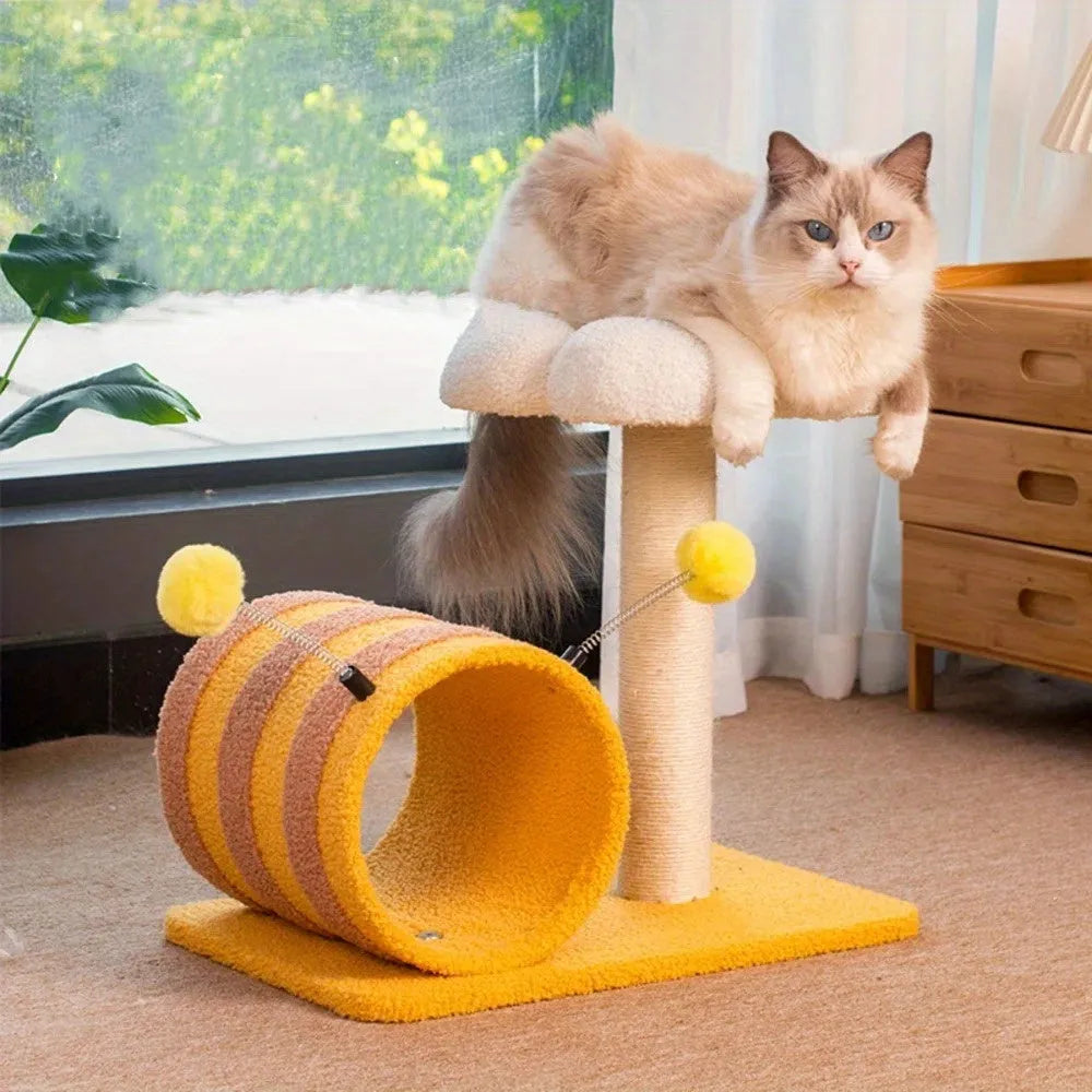 Yellow sisal cat scratching board with climbing frame and integrated tunnel, measuring 46cm by 36cm by 25cm
