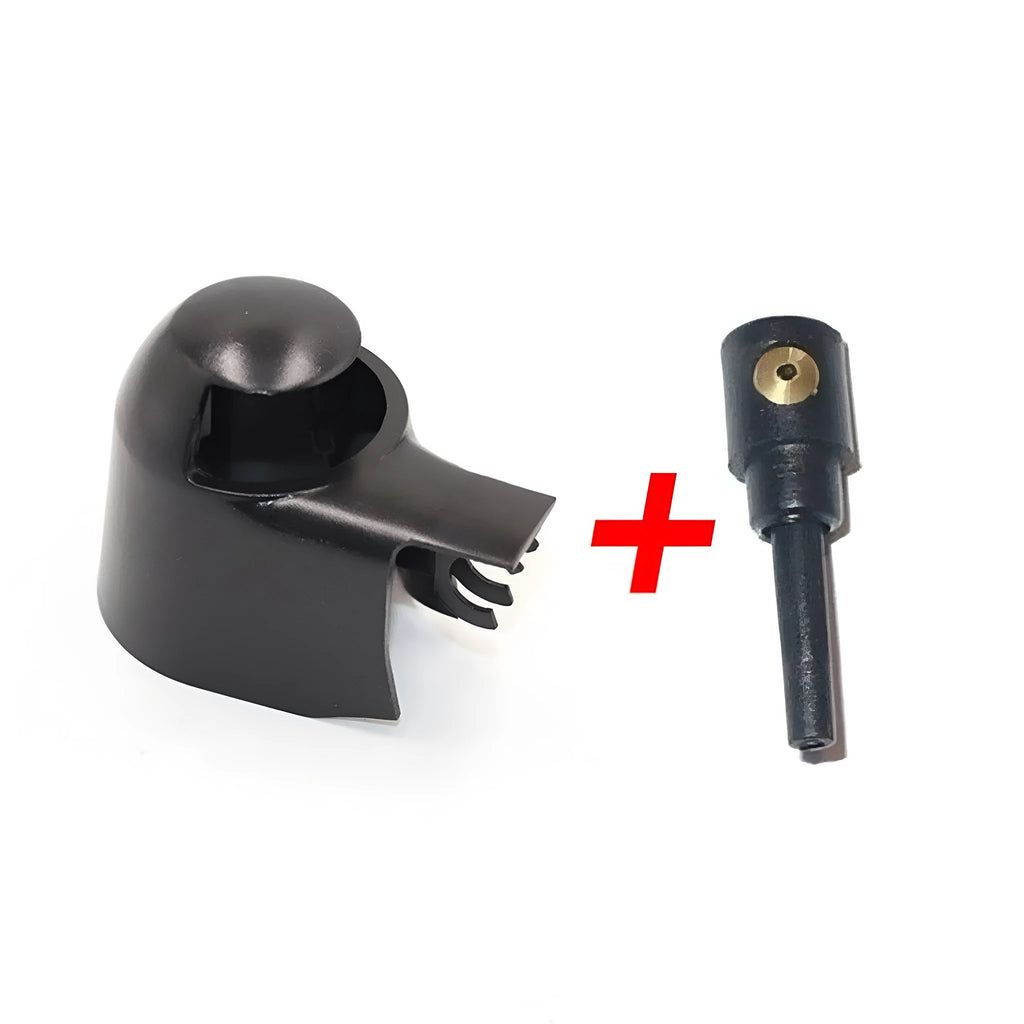 Black plastic rear wiper cover nozzle set for Volkswagen Golf and Tiguan cars.