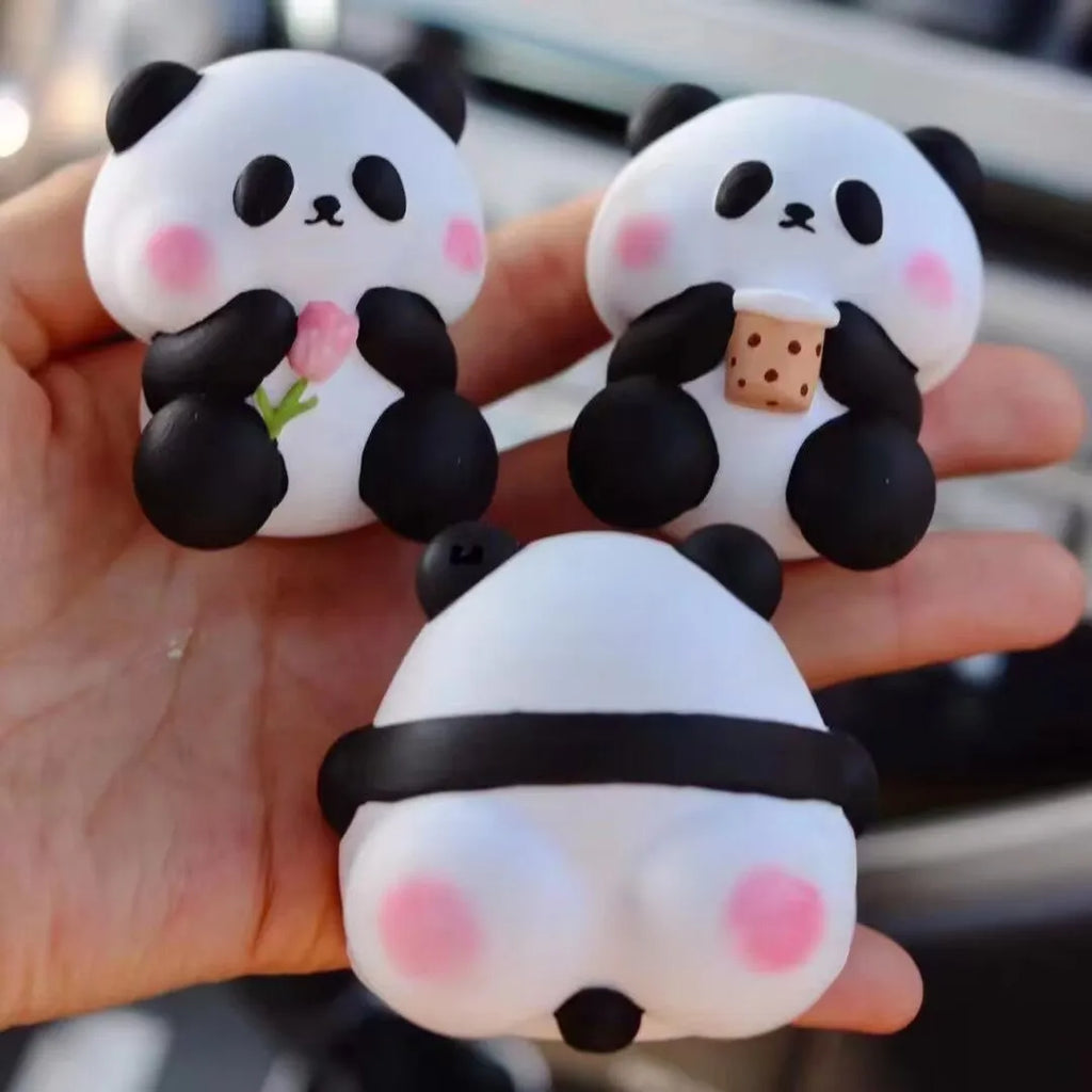 Panda car vent perfume decoration showing three design options: milk tea panda, flower panda and back panda