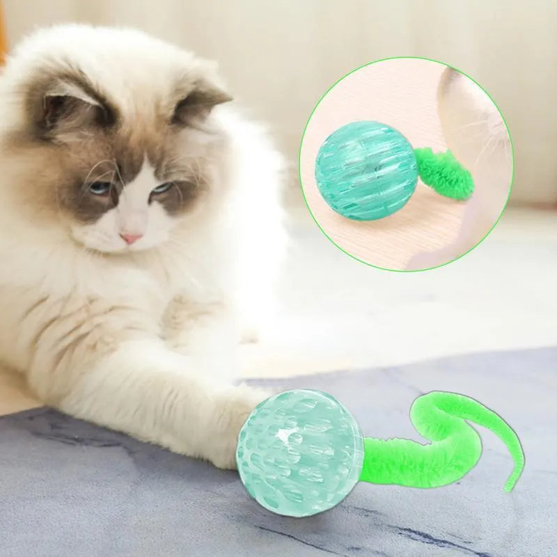 Interactive cat ball toy with elastic worm tail in green colour on wooden floor