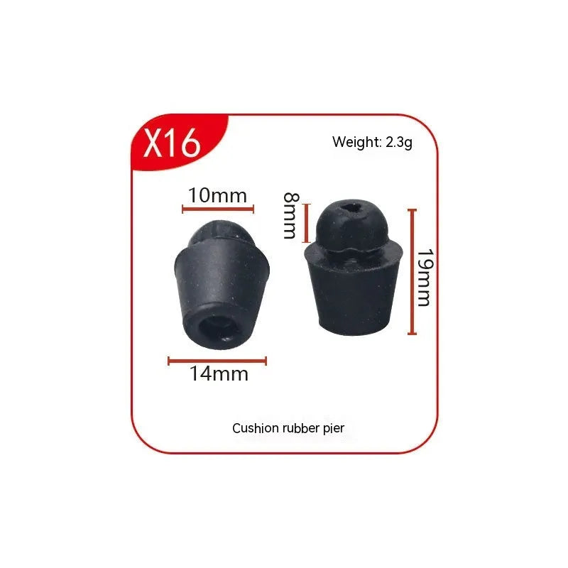 Ten black rubber automobile buckle buffer clips for shock absorption on vehicle panels.