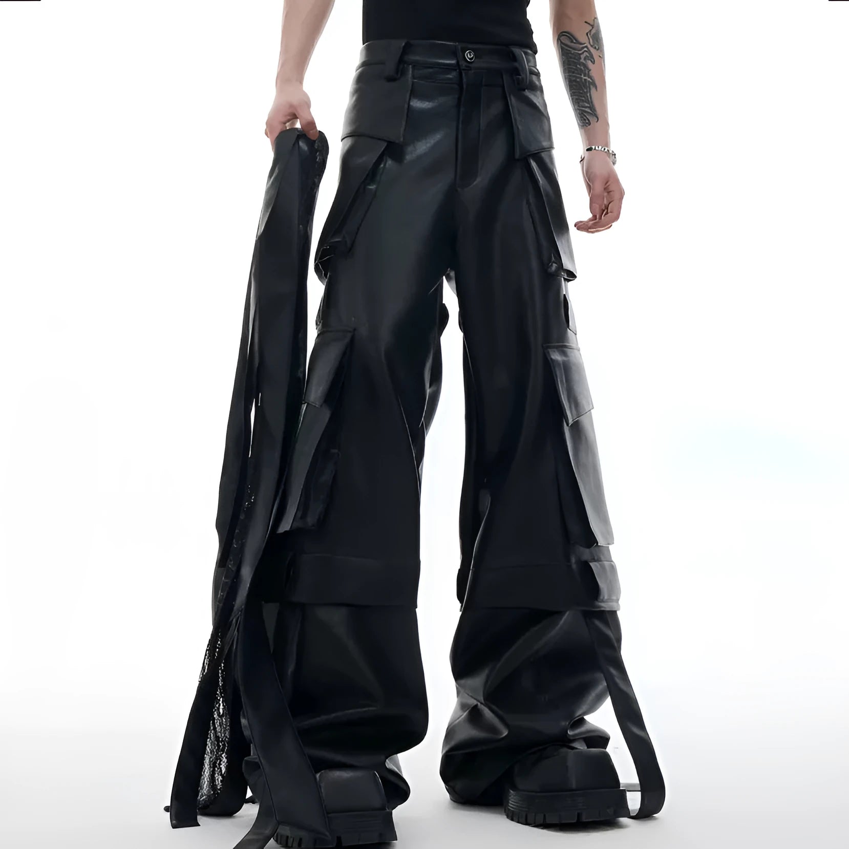 Black retro-style loose pants with multiple pockets and quilted stitching detail.