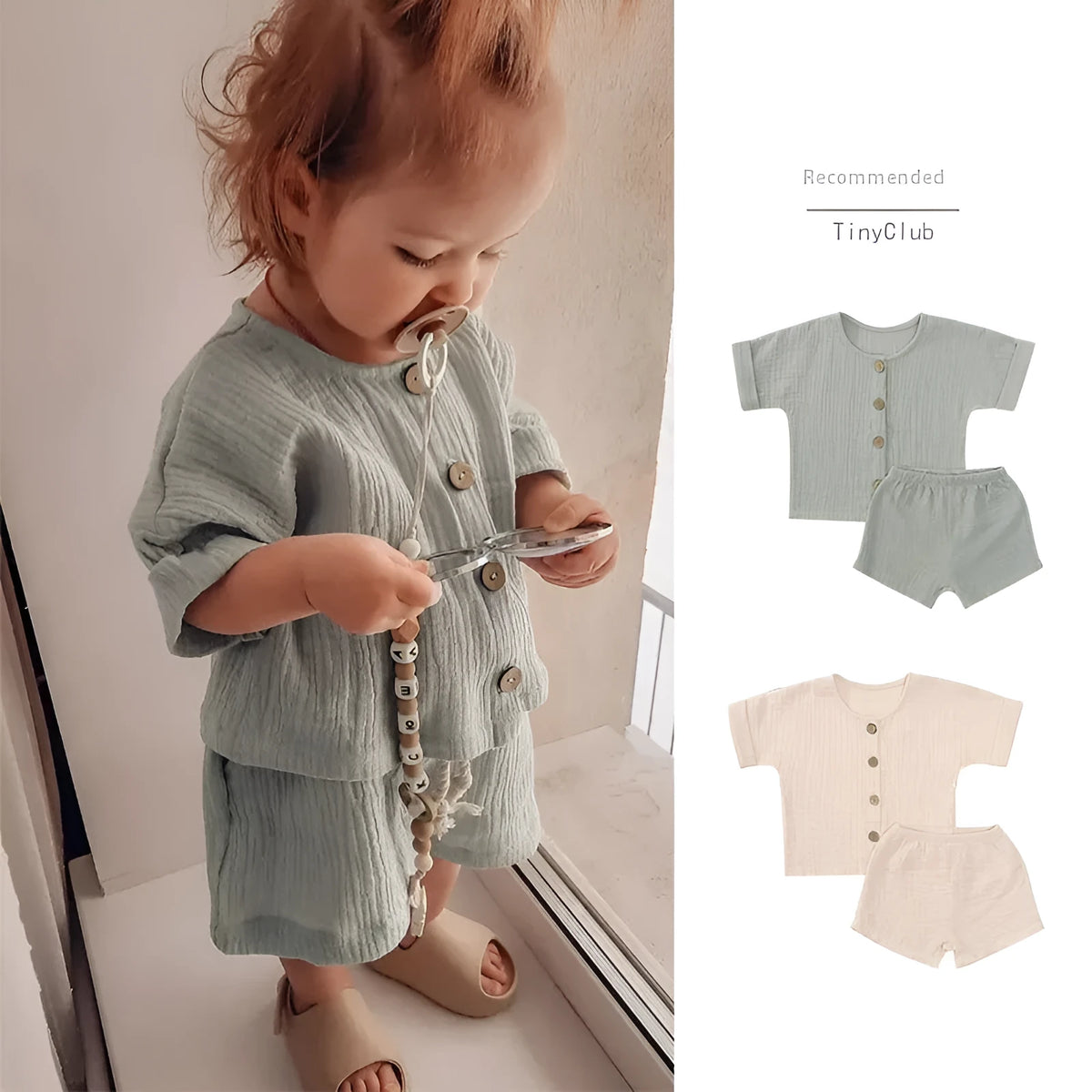 Children's 100% cotton short sleeve and trouser set in beige apricot or light green, sizes 73cm to 110cm