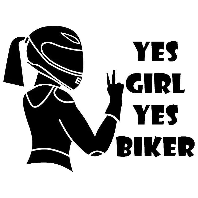 Cool girl rider character design on a black, white, and laser coloured car waterproof sticker measuring 16cm by 15cm.