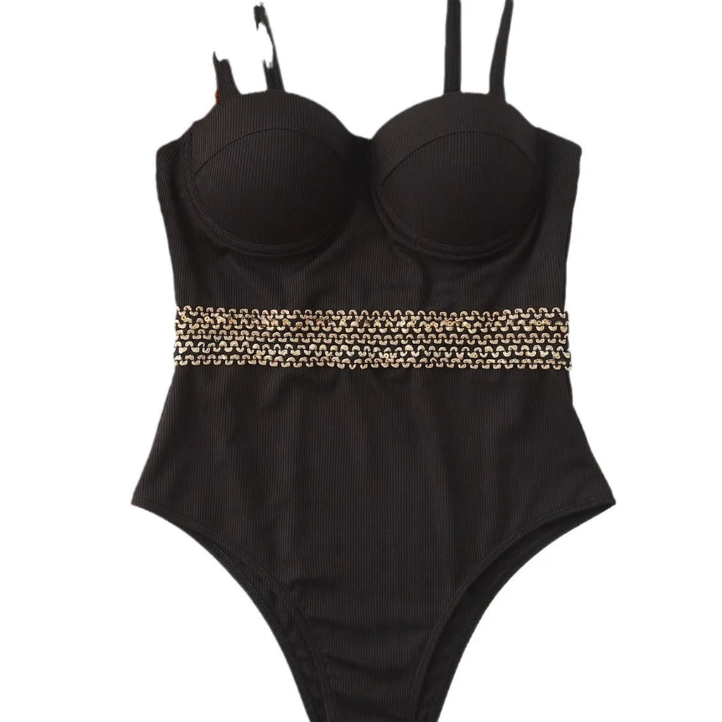 Black women's one-piece swimsuit with adjustable shoulder straps on hanger with hard storage bag