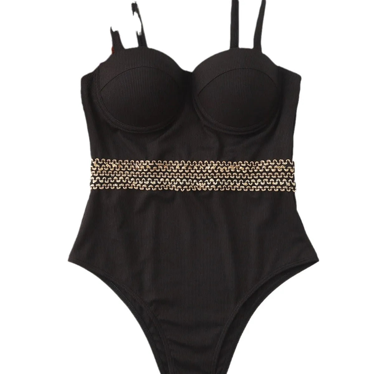 Black women's one-piece swimsuit with adjustable shoulder straps on hanger with hard storage bag