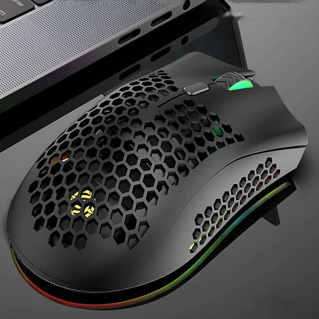Hollow out wireless gaming mouse body with luminous light in black cyan or white color with USB receiver