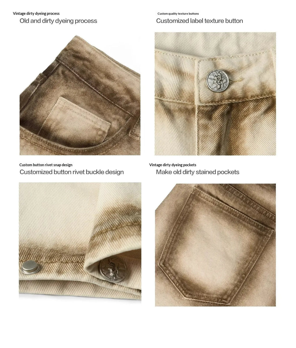 Loose straight retro floor-length cotton pants in beige with mid-rise waist