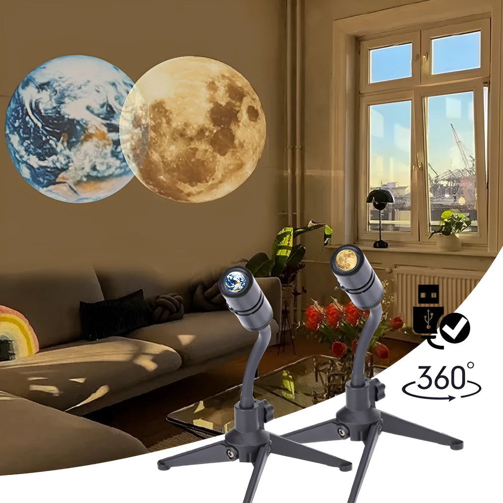 Star projector lamp showing Earth and Moon projection effects with adjustable bracket and USB power connection
