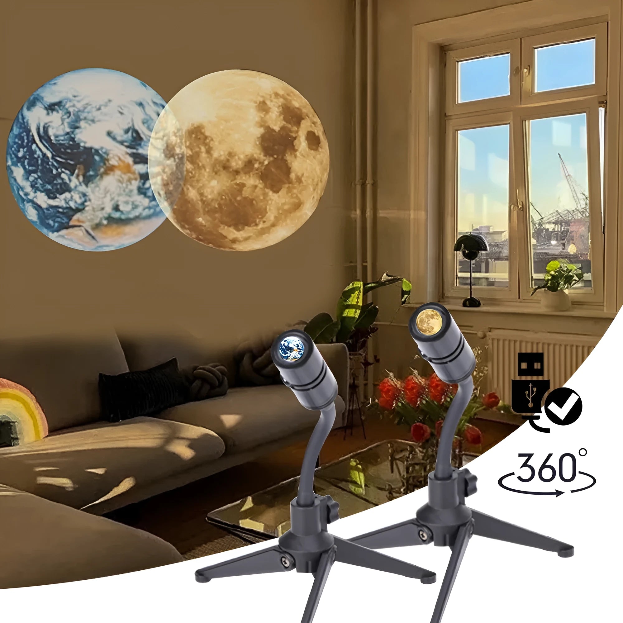 Star projector lamp showing Earth and Moon projection effects with adjustable bracket and USB power connection