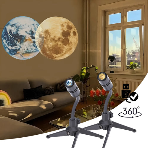2 in 1 star projector showing Earth and Moon projection effects with adjustable hose bracket
