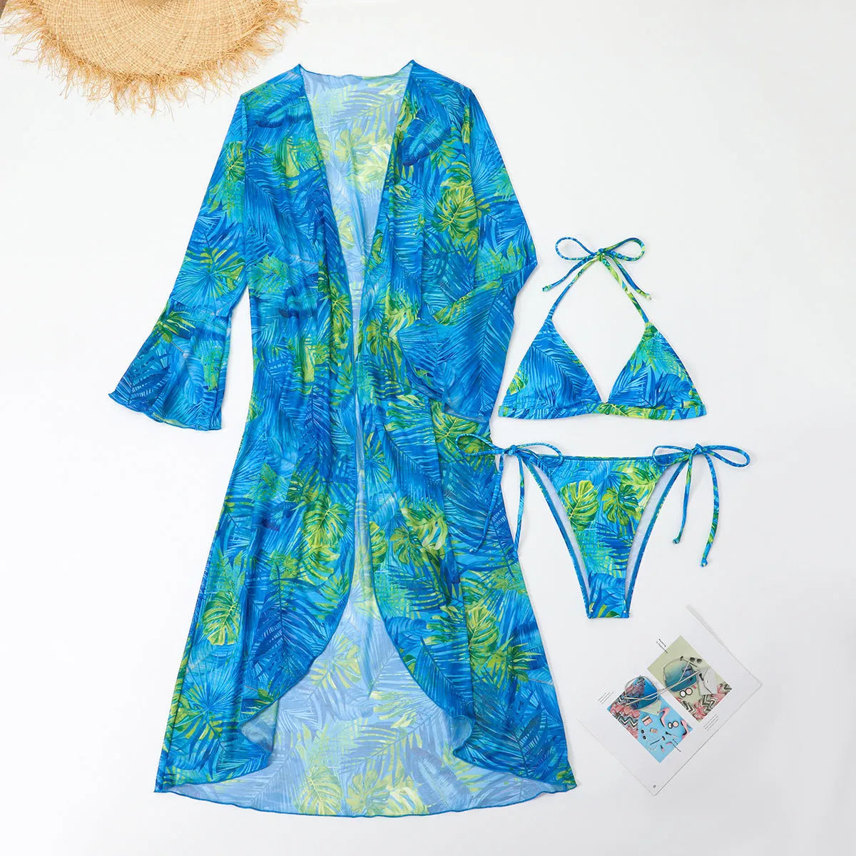 European American split bikini cover beach swimsuit three-piece set in green flower print with coat top and shorts