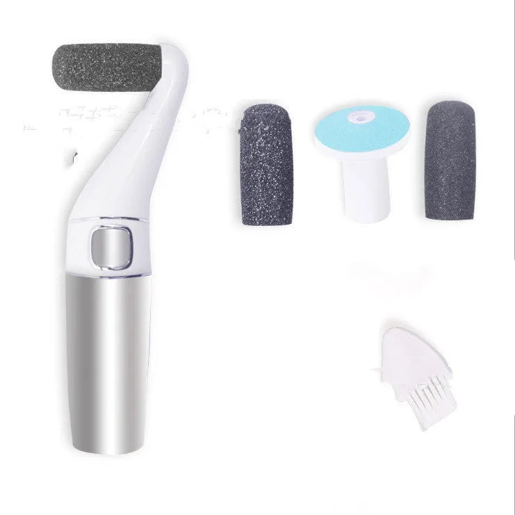USB rechargeable electric foot file with three replacement rollers for callus and nail care, silver white ABS body on a clean surface
