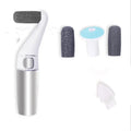 USB rechargeable electric foot file with three replacement rollers for callus and nail care, silver white ABS body on a clean surface