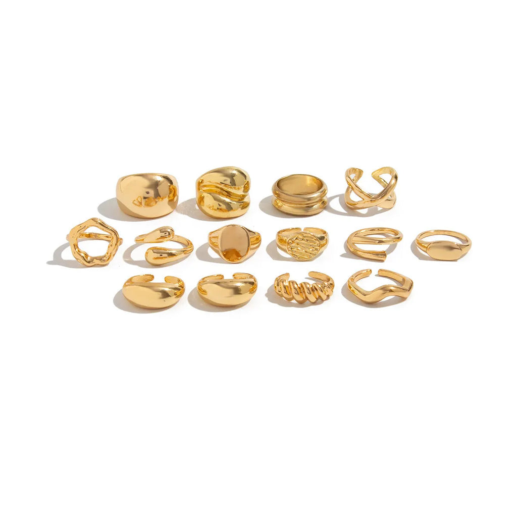 Set of 14 gold and white K geometric irregular alloy rings with open mouth adjustable design
