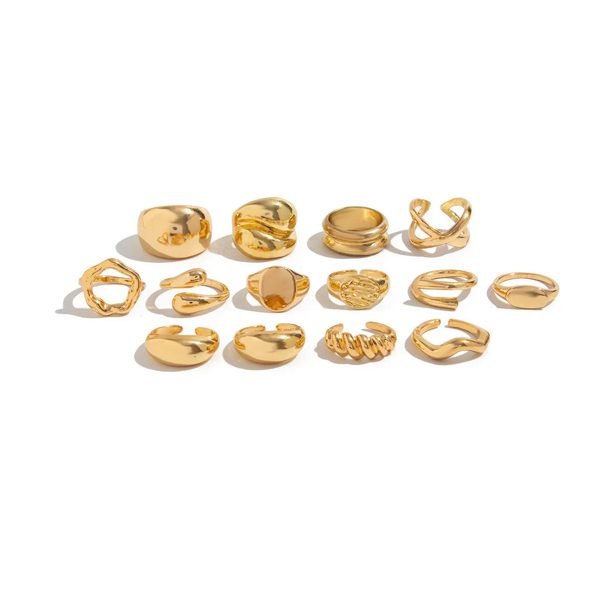 Set of 14 gold and white K geometric irregular alloy rings with open mouth adjustable design