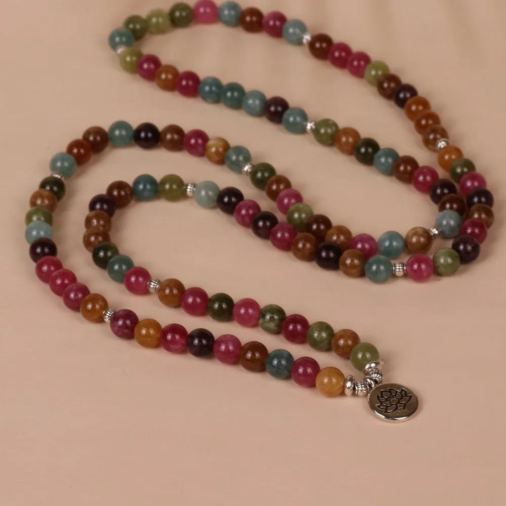 108 bead alloy bracelet in tourmaline colour with multi-layer lotus string design