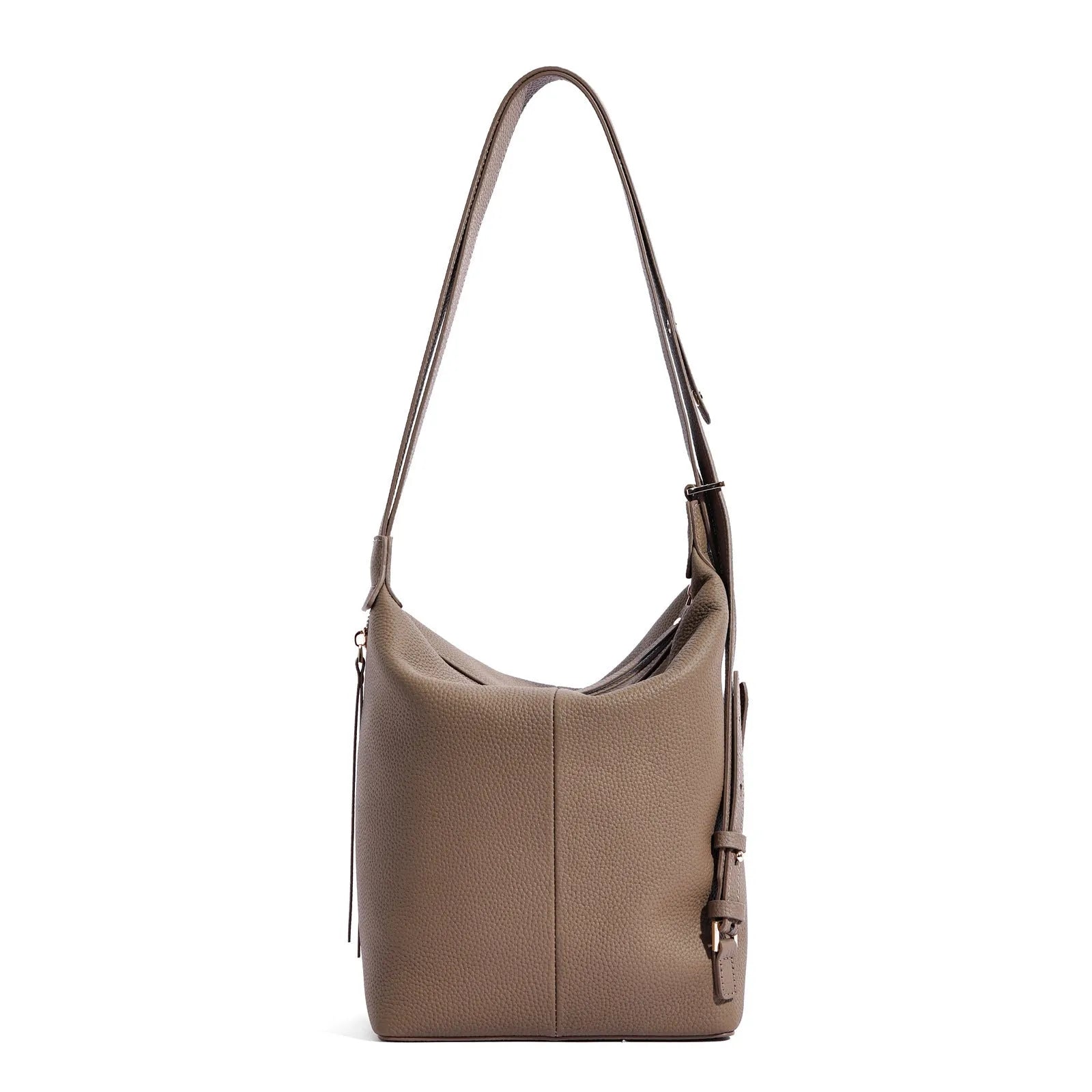 Women's soft genuine cowhide leather bucket bag in elephant grey colour