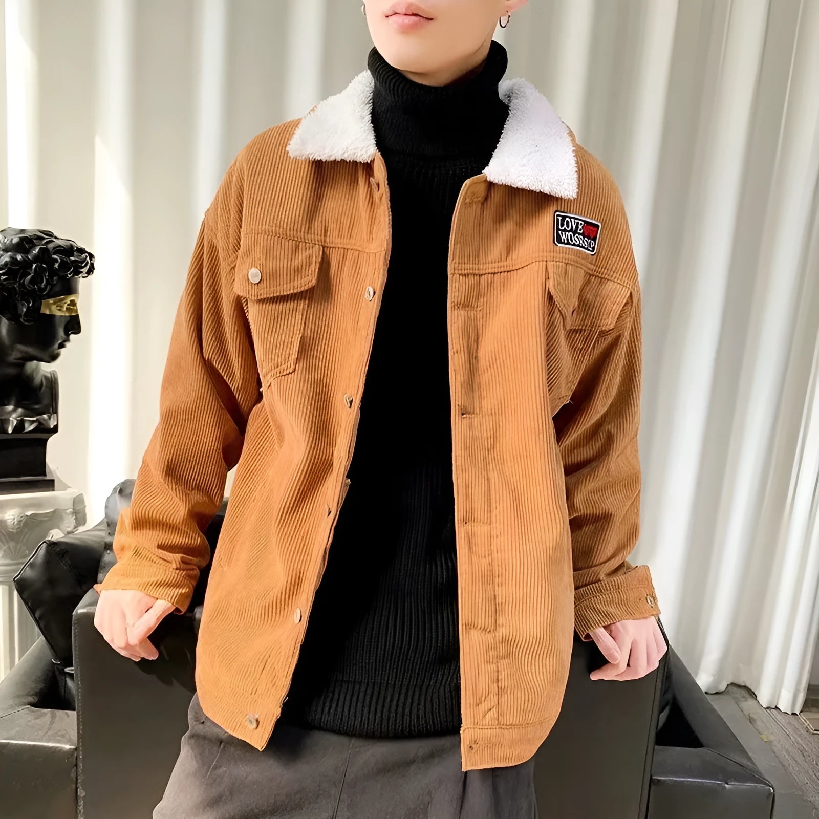 Men's loose fit corduroy workwear jacket in khaki colour with side pockets
