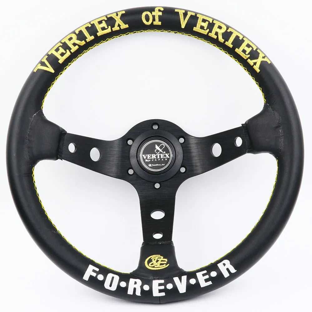 Black deep concave alloy racing steering wheel showing 330mm diameter and Vertex design options.