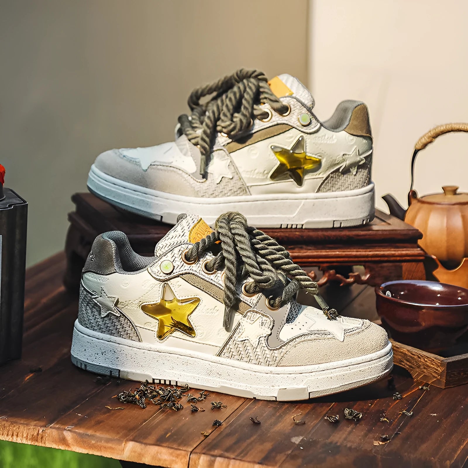 Cowhide leather low-top platform running shoes in 'West Lake Dragon Well Tea' colour with round toe and lace-up front.
