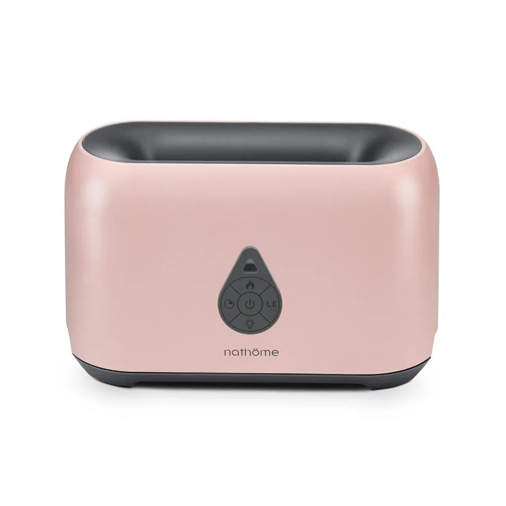 Mini remote control flame diffuser air humidifier, round plastic USB humidifier with one fog outlet, shown in white, pink, green, or grey