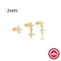 Set of three pairs of S925 sterling silver geometric zircon tassel earrings in gold tone colours