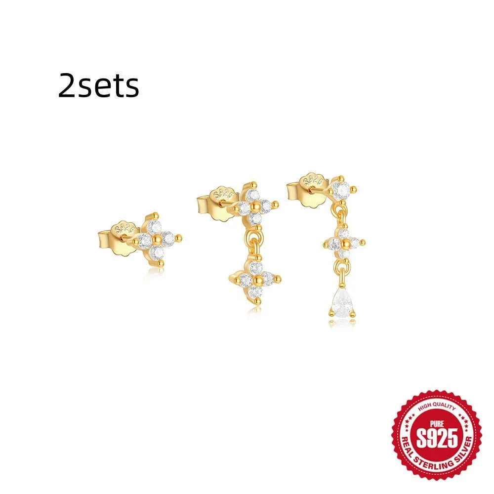 Set of three pairs of S925 sterling silver geometric zircon tassel earrings in gold tone colours