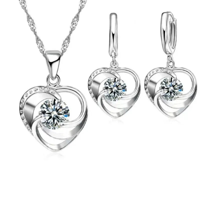 925 sterling silver stamped necklace earrings set 45cm chain platinum tone on white background