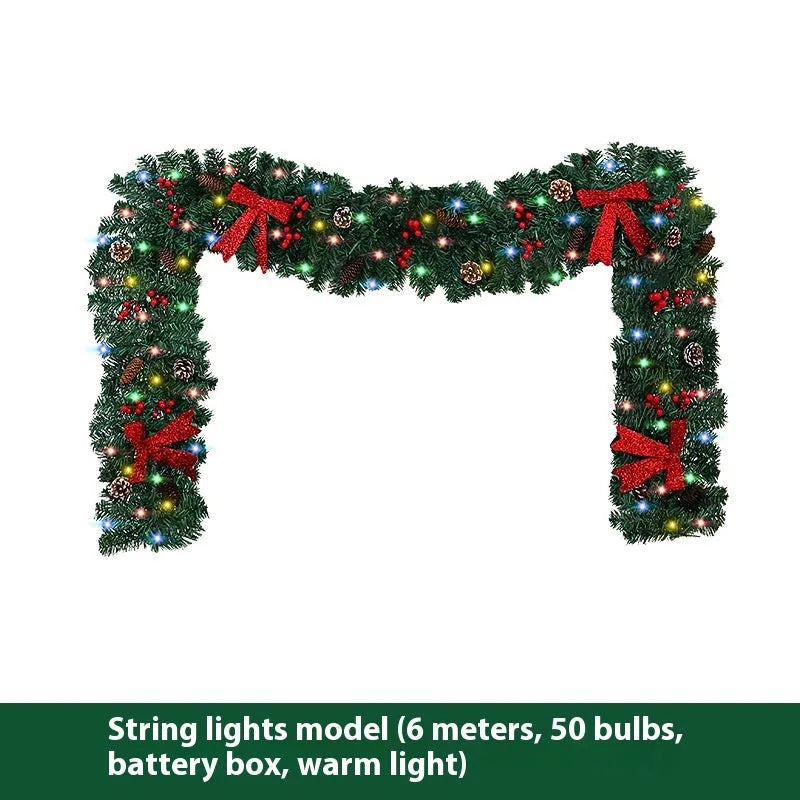 A modern European-style rattan Christmas cane decoration with a pine cone bow, available with different light options.