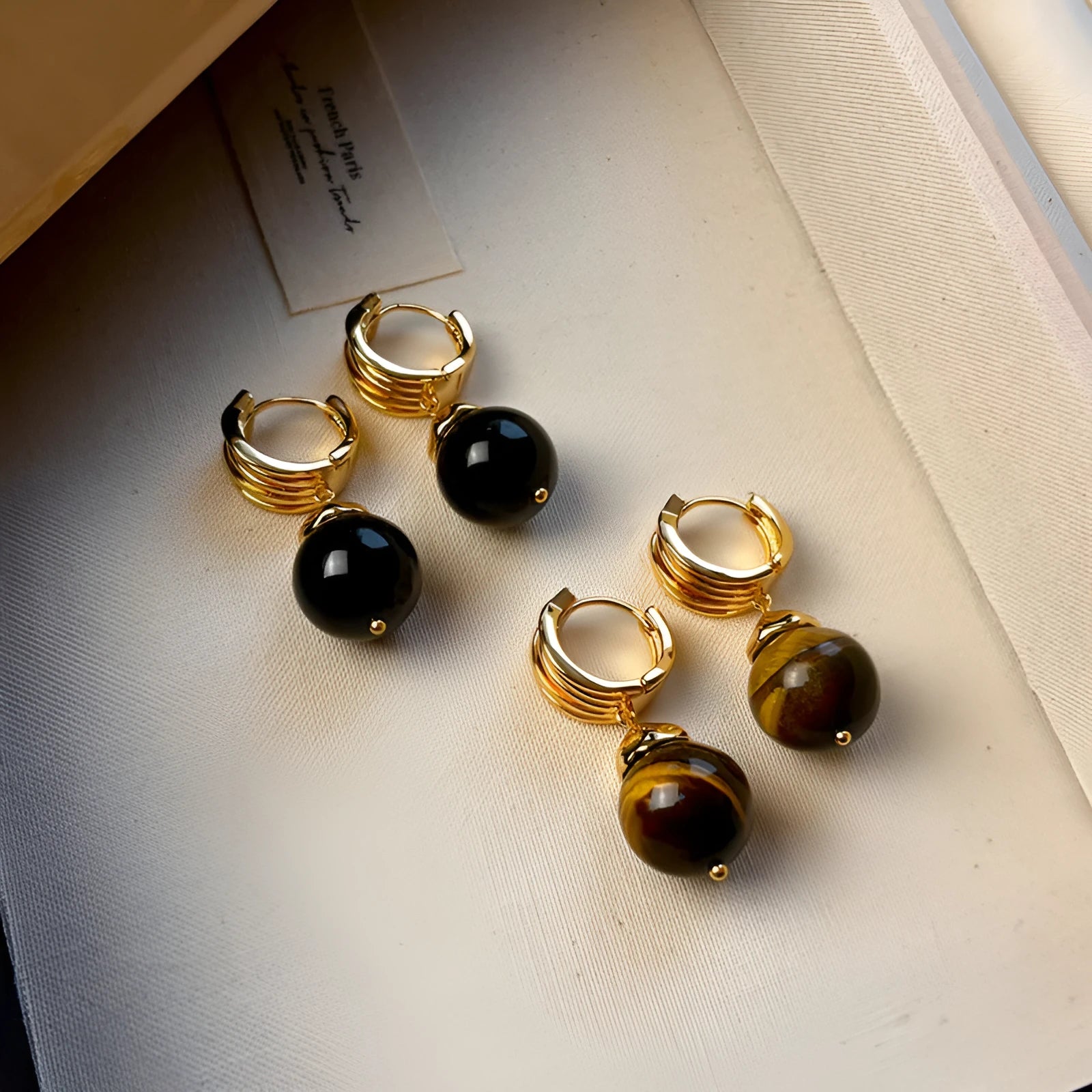 Maillard tigereye geometric earrings for women with gold plating in brown and black colours