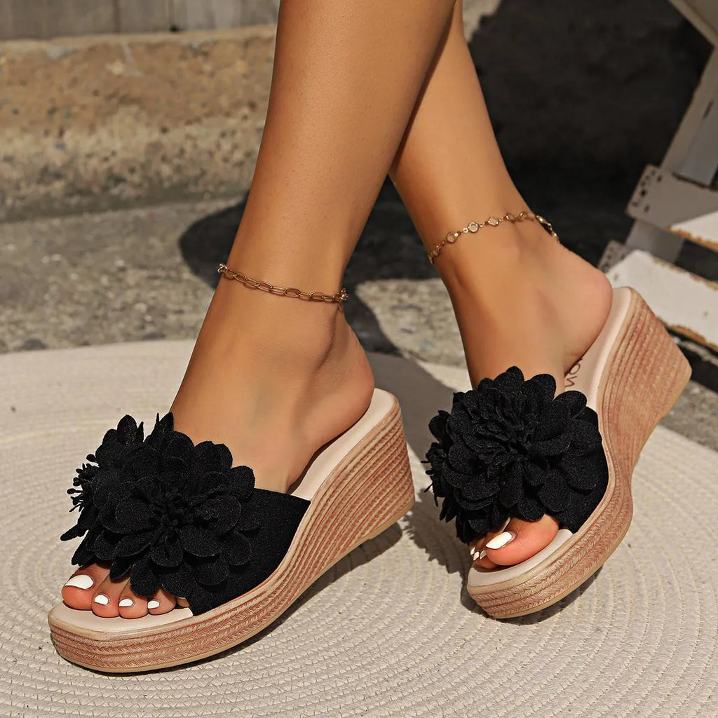 Women's flower design wedge sandals with PU upper, fish mouth toe, and rubber sole in white