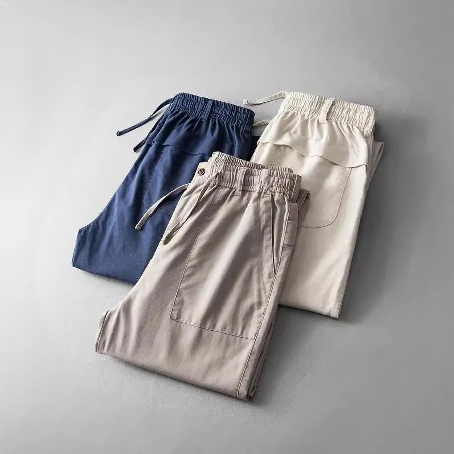 Men's linen casual trousers in solid colours with mid waist design