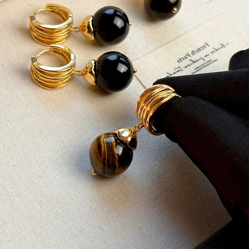 Maillard tigereye geometric earrings for women with gold plating in brown and black colours