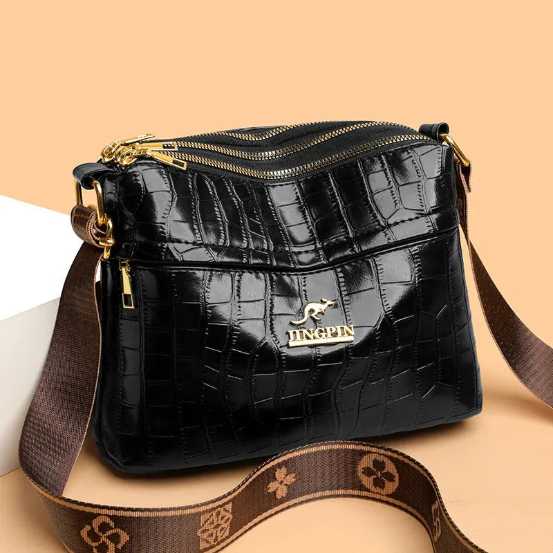 Brown PU leather cross body messenger bag with multiple compartments and sandwich pocket design