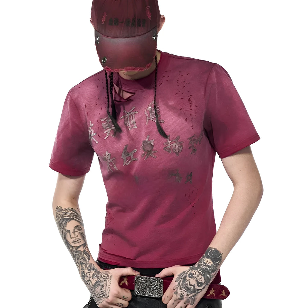 Men's slim-fit distressed red short sleeve T-shirt with round neck collar.