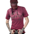 Men's slim-fit distressed red short sleeve T-shirt with round neck collar.