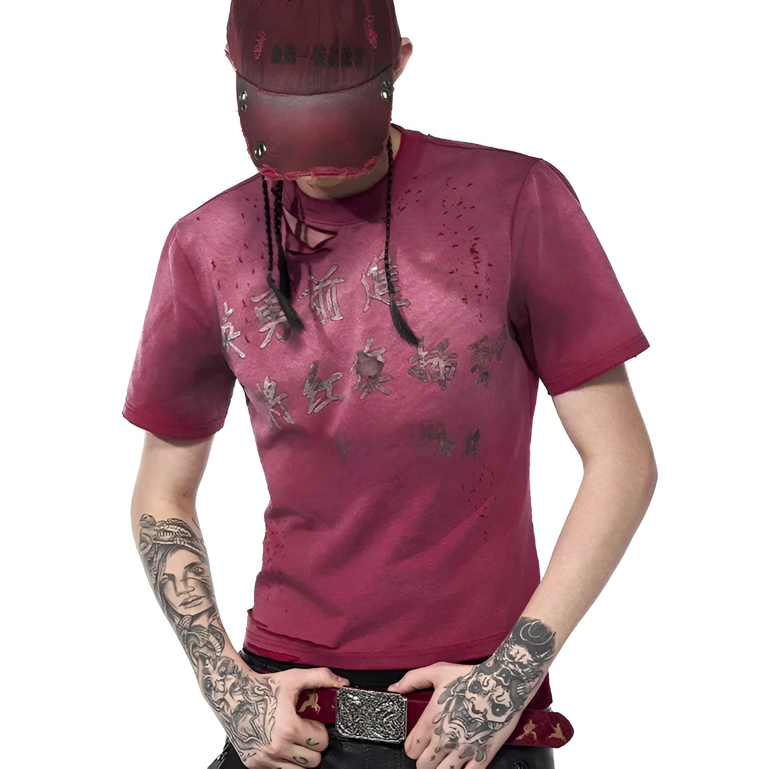 Men's slim-fit distressed red short sleeve T-shirt with round neck collar.