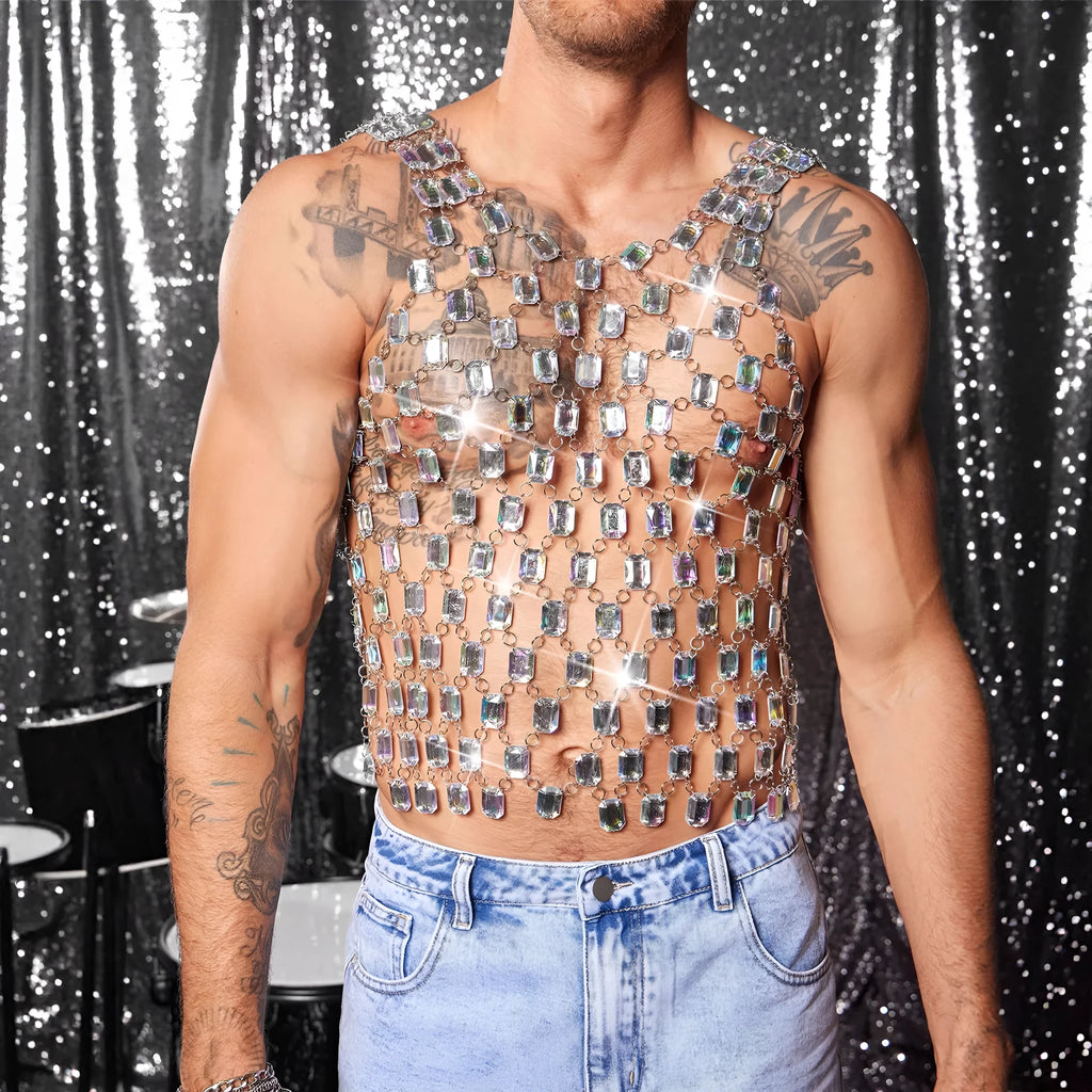 Heavy metal style gem vest top in transparent AB with slim fit and strapless design for men